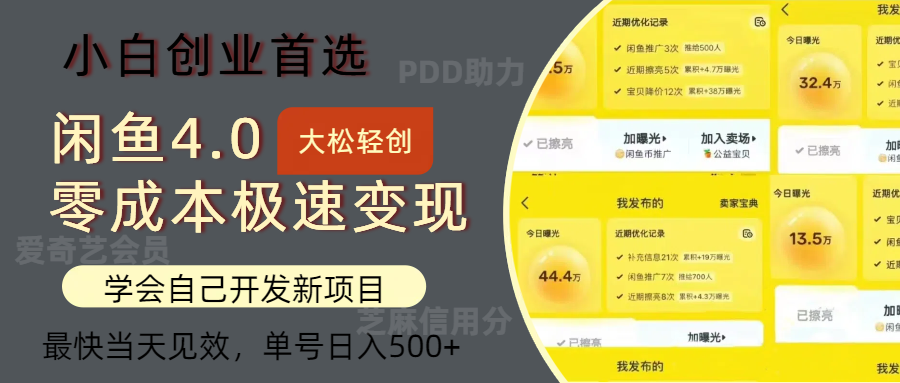 闲鱼0成本极速变现项目,多种变现方式,单号日入500+最新玩法-亿起创业网-副业兼职月入过万-自媒体、引流推广、网赚项目、短视频、技术教程等创业项目资源