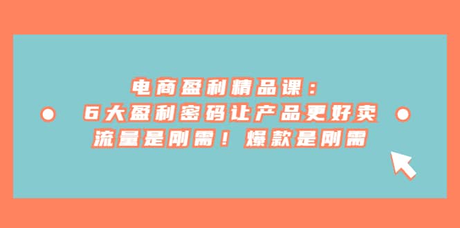 电商 盈利精品课：6大盈利 密码让产品更好卖，流量是刚需！爆款是刚需-亿盟网-副业月入过万