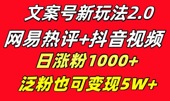 文案号新玩法 网易热评+抖音文案 一天涨粉1000+ 多种变现模式 泛粉也可变现-亿盟网-副业月入过万