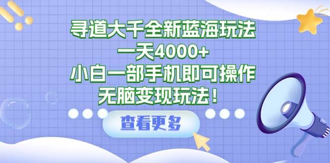 寻道大千全新蓝海玩法，一天4000+，小白一部手机即可操作，无脑变现玩法！-亿起创业网-副业兼职月入过万-自媒体、引流推广、网赚项目、短视频、技术教程等创业项目资源