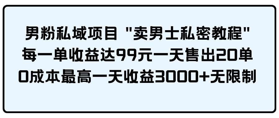 男粉私域项目 卖男士私密教程 每一单收益达99元一天售出20单-亿盟网-副业月入过万