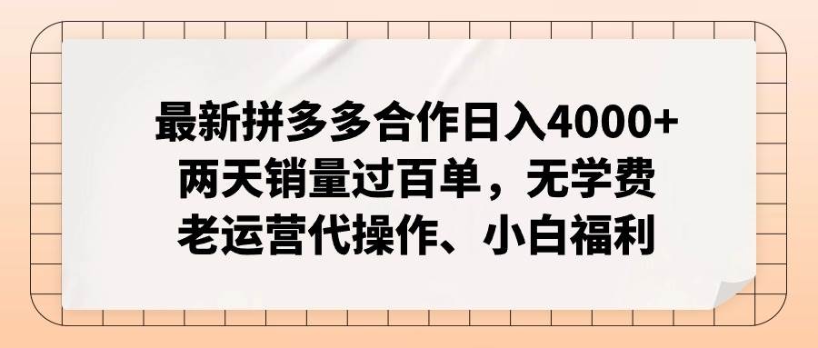 最新拼多多合作日入4000+两天销量过百单，无学费、老运营代操作、小白福利-亿起创业网-副业兼职月入过万-自媒体、引流推广、网赚项目、短视频、技术教程等创业项目资源