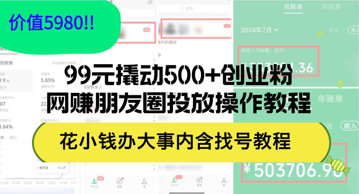 99元撬动500+创业粉，网赚朋友圈投放操作教程价值5980！花小钱办大事内...-亿盟网-副业月入过万