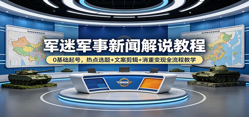 军迷军事新闻解说教程：0基础起号，热点选题+文案剪辑+消重变现全流程教学-亿起创业网-副业兼职月入过万-自媒体、引流推广、网赚项目、短视频、技术教程等创业项目资源