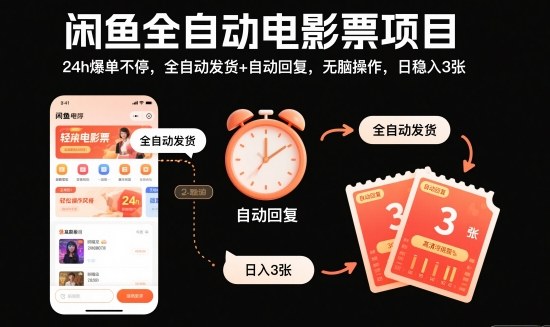 闲鱼全自动电影票项目，24h爆单不停，全自动发货+自动回复，无脑操作，日稳入3张【揭秘】-亿佰盟网