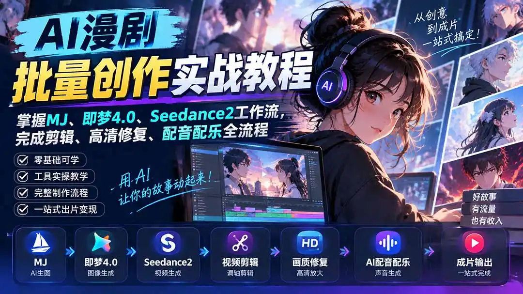 AI漫剧批量创作实战教程：掌握MJ、即梦4.0、Seedance2工作流，完成剪辑、高清修复、配音配乐全流程-亿起创业网-副业兼职月入过万-自媒体、引流推广、网赚项目、短视频、技术教程等创业项目资源
