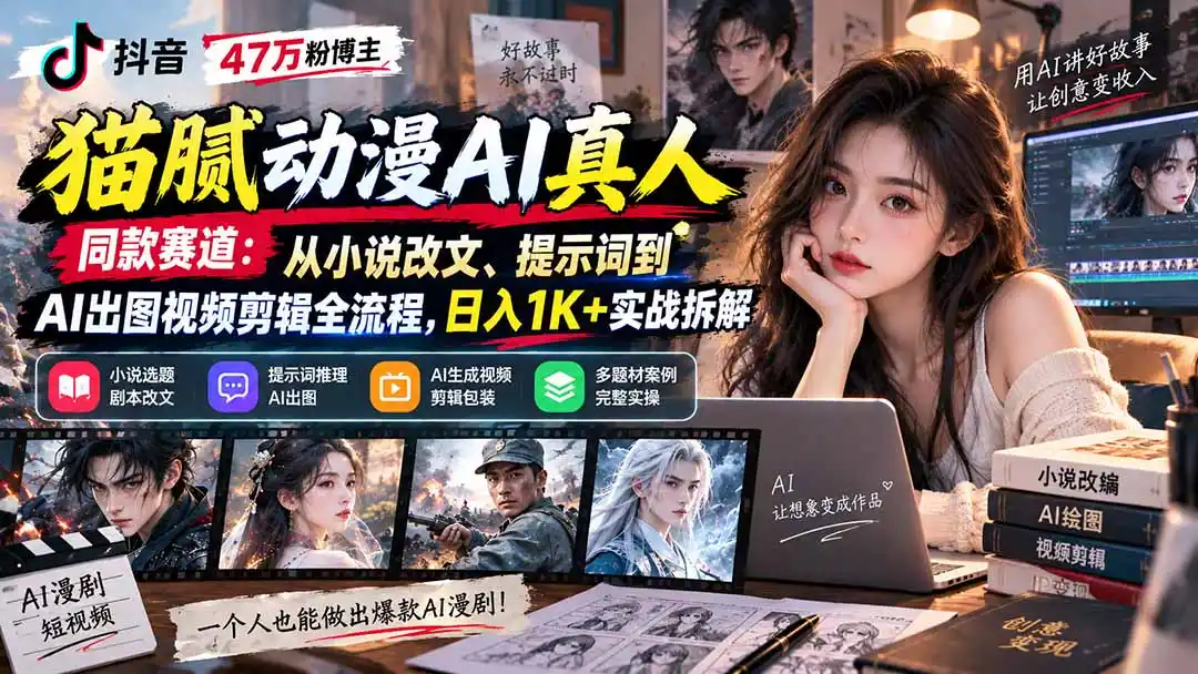抖音47万粉博主猫腻动漫AI真人同款赛道：从小说改文、提示词到AI出图视频剪辑全流程，日入1K+实战拆解-亿起创业网-副业兼职月入过万-自媒体、引流推广、网赚项目、短视频、技术教程等创业项目资源