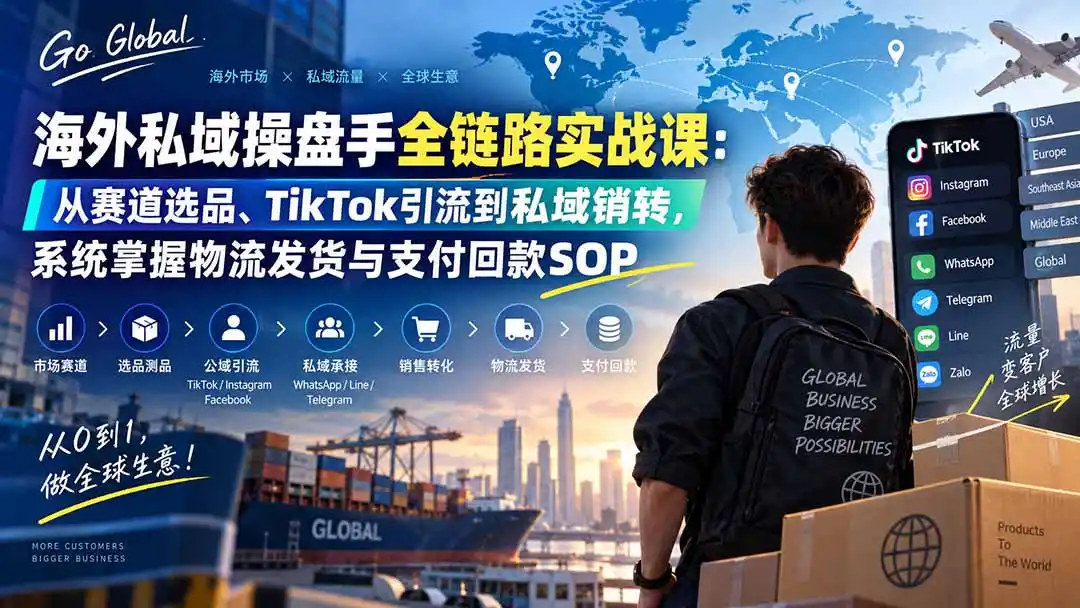 海外私域操盘手全链路实战课：从赛道选品、TikTok引流到私域销转，系统掌握物流发货与支付回款SOP-亿起创业网-副业兼职月入过万-自媒体、引流推广、网赚项目、短视频、技术教程等创业项目资源