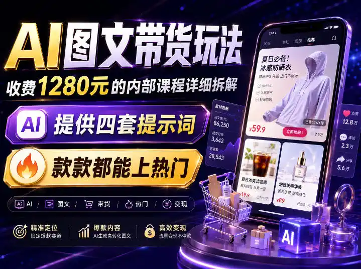 AI图文带货内部玩法，1280内部课程对外系统拆解，看完直接上手变现！-亿起创业网-副业兼职月入过万-自媒体、引流推广、网赚项目、短视频、技术教程等创业项目资源