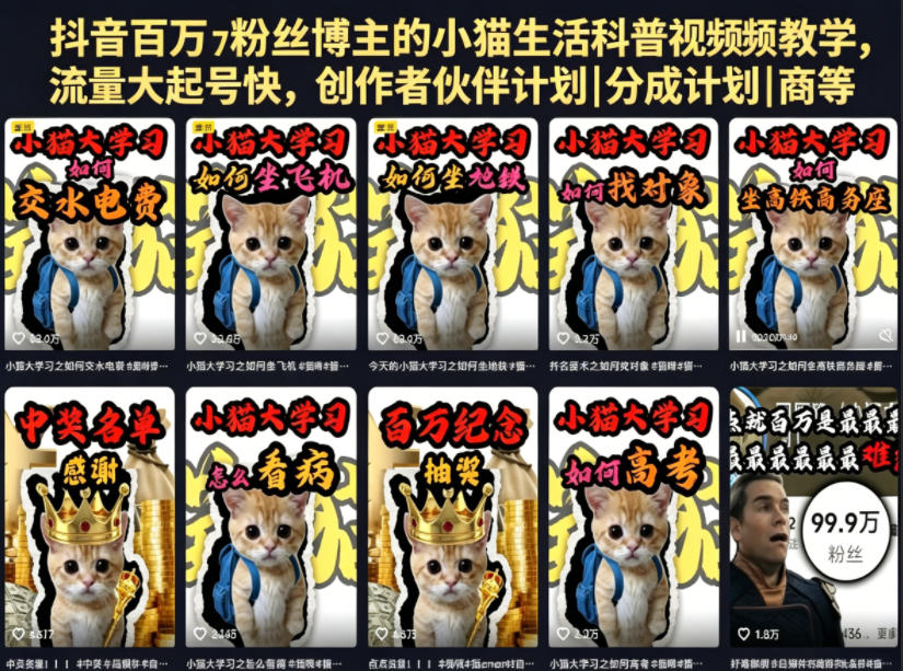 抖音百万粉丝博主的小猫生活科普视频教学，流量大起号快，创作者伙伴计划|分成计划|商单|收徒等-亿起创业网-副业兼职月入过万-自媒体、引流推广、网赚项目、短视频、技术教程等创业项目资源