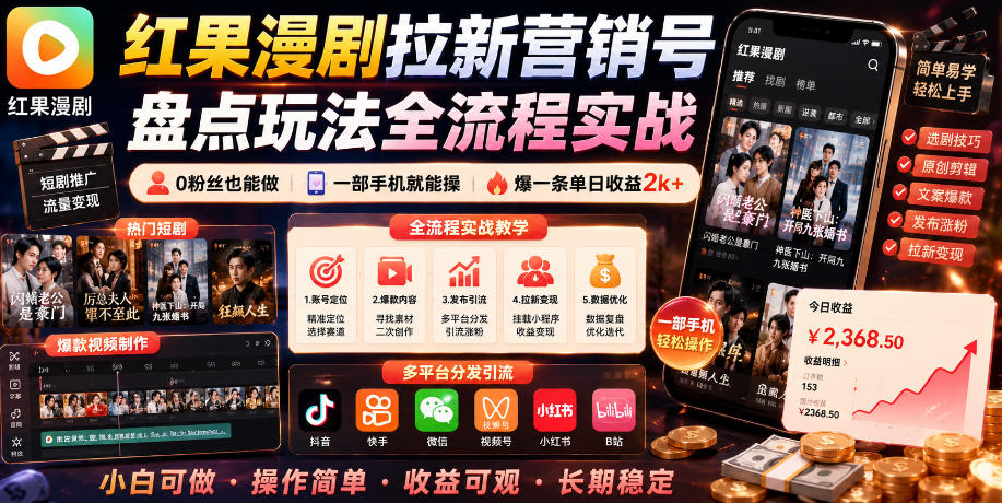 红果漫剧拉新营销号盘点玩法全流程实战，0粉丝也能做，一部手机就能做，爆一条单日收益2k+(更新0628)-亿起创业网-副业兼职月入过万-自媒体、引流推广、网赚项目、短视频、技术教程等创业项目资源