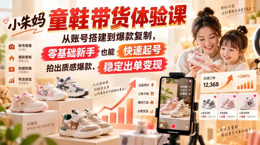 小朱妈童鞋带货体验课，从账号搭建到爆款复制，零基础新手也能快速起号、拍出质感爆款、稳定出单变现-亿起创业网-副业兼职月入过万-自媒体、引流推广、网赚项目、短视频、技术教程等创业项目资源
