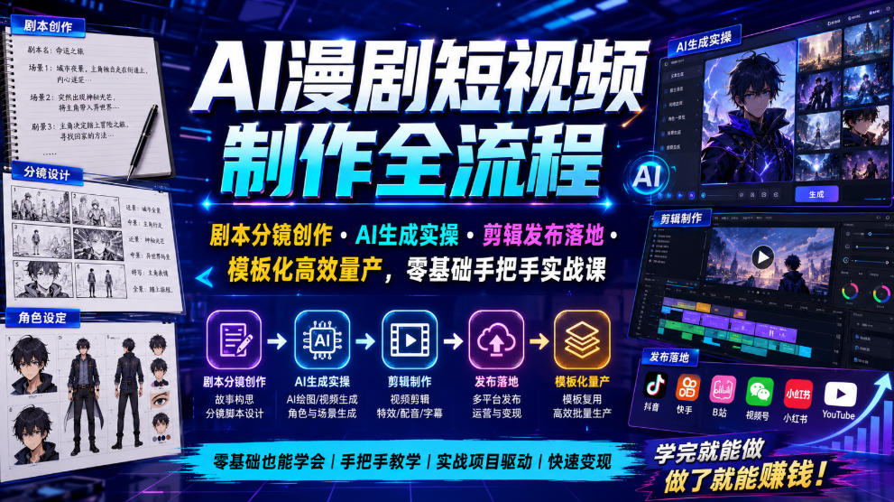 AI漫剧短视频制作全流程|剧本分镜创作・AI生成实操・剪辑发布落地・模板化高效量产,零基础手把手实战课-亿起创业网-副业兼职月入过万-自媒体、引流推广、网赚项目、短视频、技术教程等创业项目资源