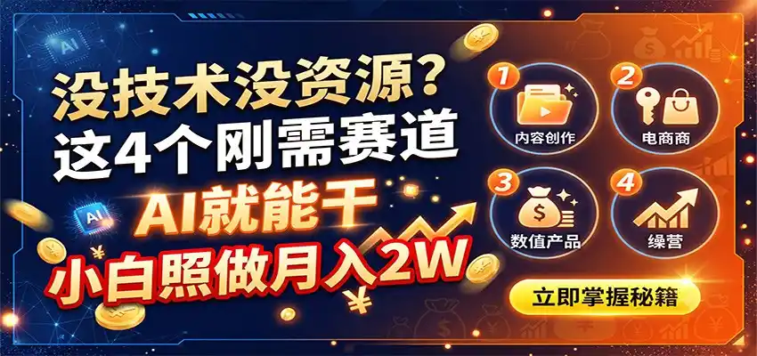 没技术没资源？这4个刚需赛道，AI就能干，小白照做月入2W-亿起创业网-副业兼职月入过万-自媒体、引流推广、网赚项目、短视频、技术教程等创业项目资源
