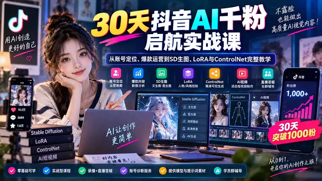 30天抖音AI千粉启航实战课：从账号定位、爆款运营到SD生图、LoRA与ControlNet完整教学-亿起创业网-副业兼职月入过万-自媒体、引流推广、网赚项目、短视频、技术教程等创业项目资源