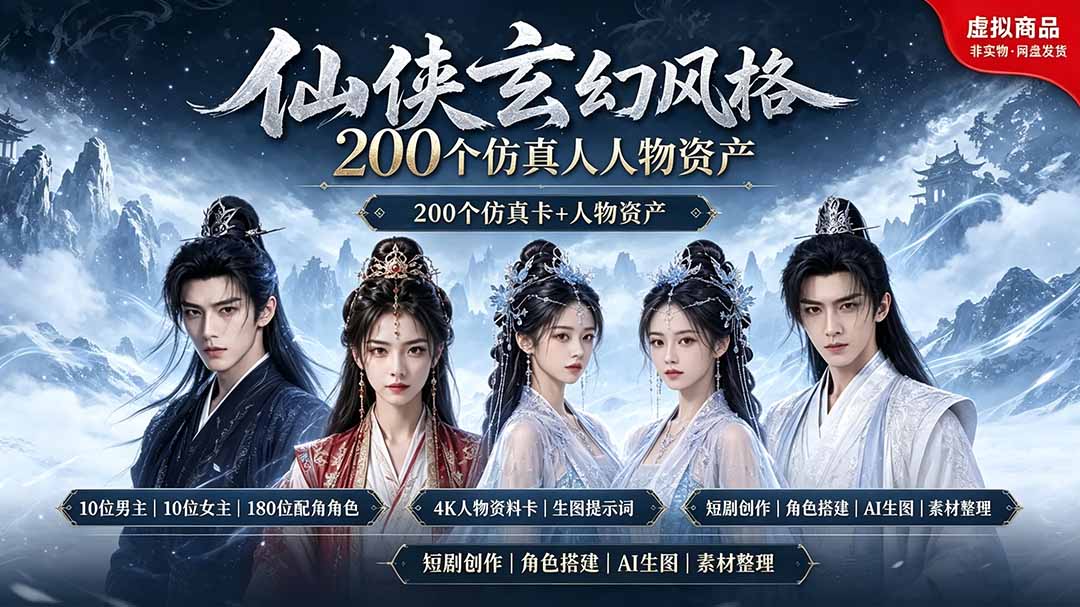 200个仙侠玄幻仿真人素材◆10男主×10女主×180配角，4K资料卡+AI生图提示词，漫剧必备-亿起创业网-副业兼职月入过万-自媒体、引流推广、网赚项目、短视频、技术教程等创业项目资源