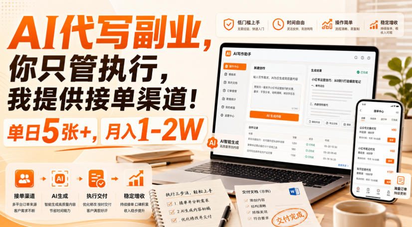 AI代写副业,你只管执行,我提供接单渠道!单日5张+,月入1-2W【揭秘】-亿起创业网-副业兼职月入过万-自媒体、引流推广、网赚项目、短视频、技术教程等创业项目资源