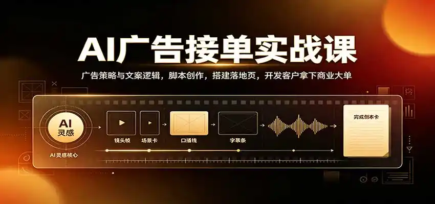 AI广告接单实战：广告策略与文案逻辑，脚本创作，搭建落地页，开发客户拿下商业大单-亿起创业网-副业兼职月入过万-自媒体、引流推广、网赚项目、短视频、技术教程等创业项目资源