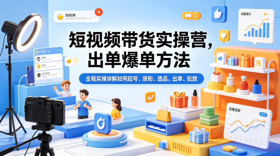 短视频带货实操营，出单爆单方法，全程实操讲解如何起号、涨粉、选品、出单、投放(更新0515)-亿起创业网-副业兼职月入过万-自媒体、引流推广、网赚项目、短视频、技术教程等创业项目资源