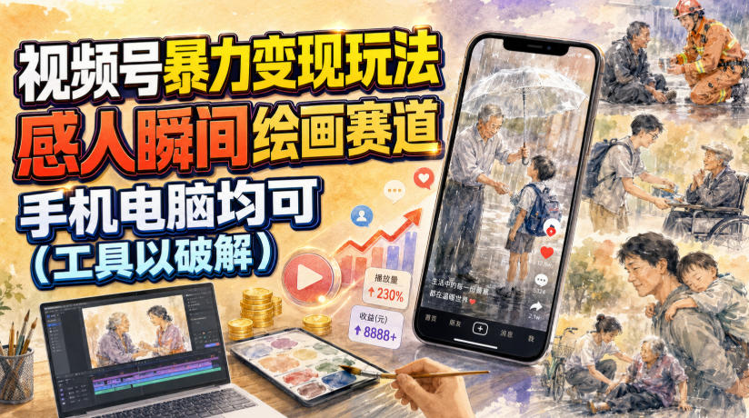 视频号暴力变现玩法，感人瞬间绘画赛道，手机电脑均可-亿起创业网-副业兼职月入过万-自媒体、引流推广、网赚项目、短视频、技术教程等创业项目资源