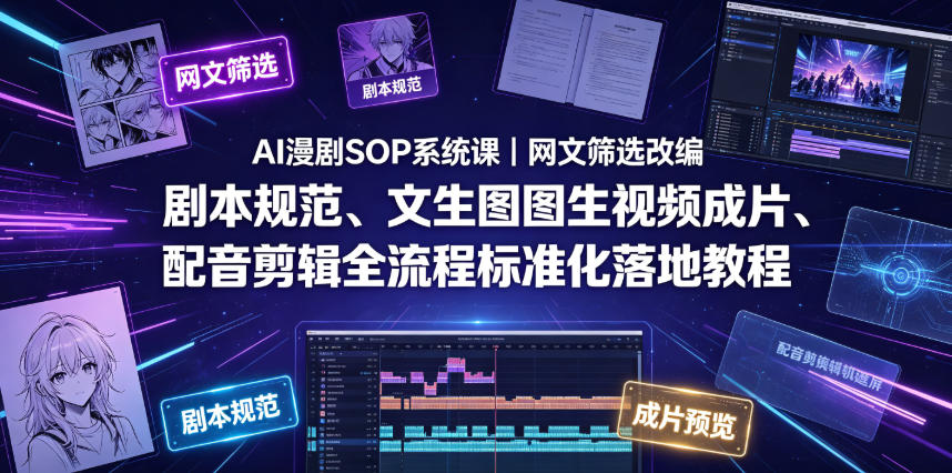 AI漫剧SOP系统课｜网文筛选改编、剧本规范、文生图图生视频成片、配音剪辑全流程标准化落地教程-亿起创业网-副业兼职月入过万-自媒体、引流推广、网赚项目、短视频、技术教程等创业项目资源
