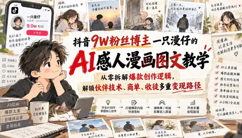 抖音9W粉丝博主一只漫仔的AI感人漫画图文教学，从零拆解爆款创作逻辑，解锁伙伴技术、商单、收徒多重变现路径-亿起创业网-副业兼职月入过万-自媒体、引流推广、网赚项目、短视频、技术教程等创业项目资源