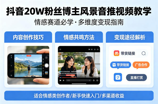 抖音20W粉丝博主风景音推视频教学，情感赛道必学，各种变现途径-亿起创业网-副业兼职月入过万-自媒体、引流推广、网赚项目、短视频、技术教程等创业项目资源