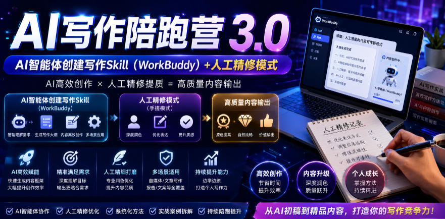 AI写作陪跑营3.0，Ai智能体创建写作skill(workbuddy)+人工手写模式(手搓模式)，去除AI痕迹(头条号、公众号、百家号)(更新0814)-亿起创业网-副业兼职月入过万-自媒体、引流推广、网赚项目、短视频、技术教程等创业项目资源