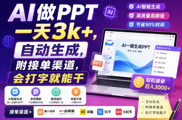 AI做PPT一天3k+，自动生成，附接单渠道，会打字就能干【揭秘】-亿起创业网-副业兼职月入过万-自媒体、引流推广、网赚项目、短视频、技术教程等创业项目资源