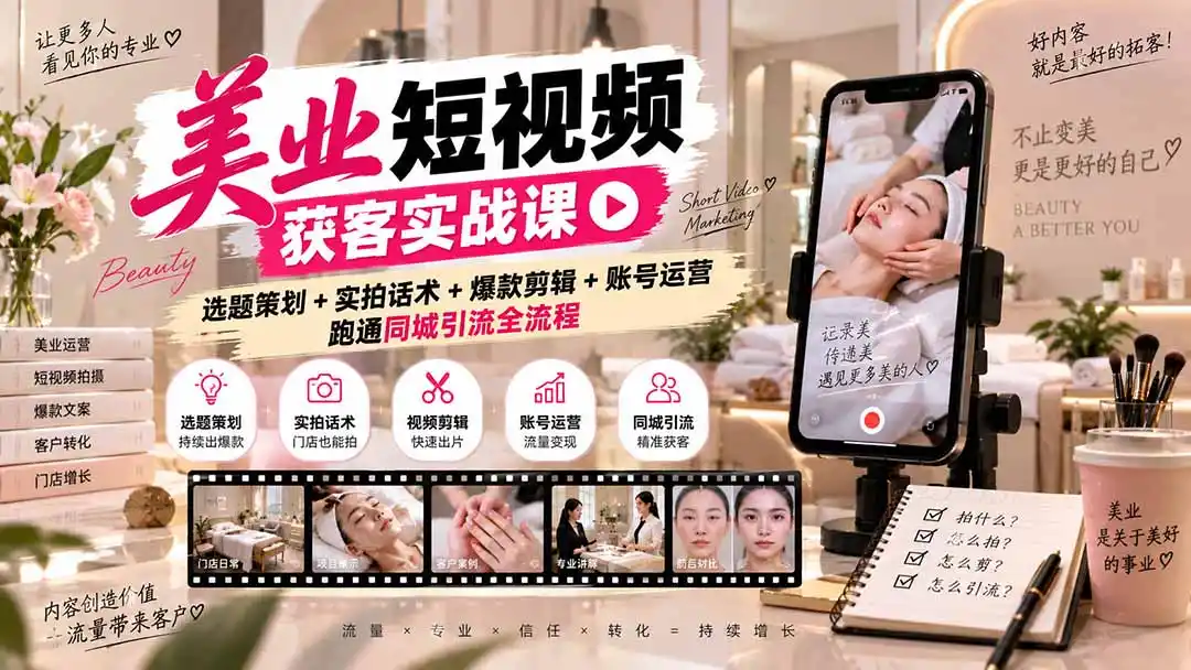 美业短视频获客实战课-无水印：选题策划+实拍话术+爆款剪辑+账号运营，跑通同城引流全流程-亿起创业网-副业兼职月入过万-自媒体、引流推广、网赚项目、短视频、技术教程等创业项目资源
