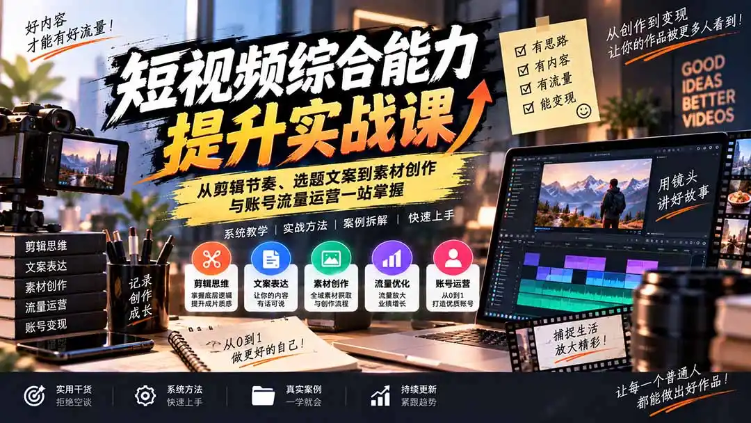 短视频综合能力提升实战课：从剪辑节奏、选题文案到素材创作与账号流量运营一站掌握