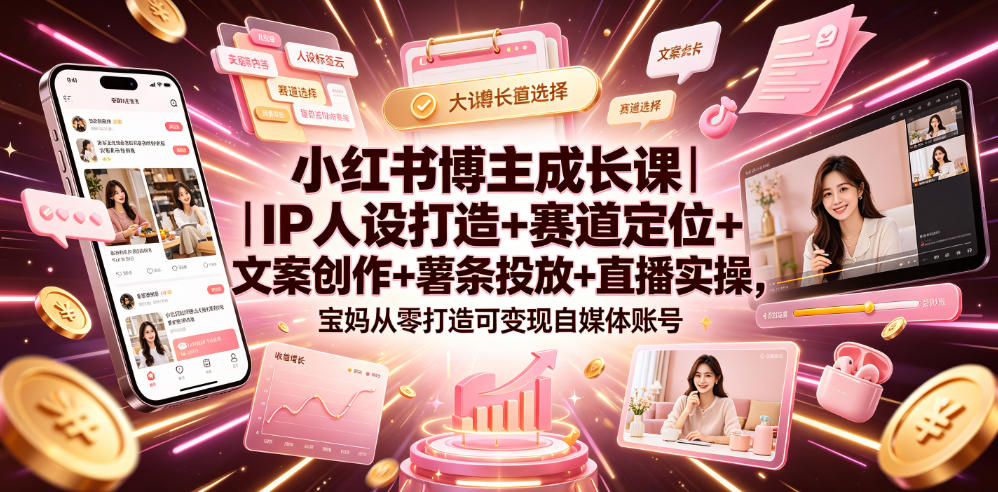 小红书博主成长课｜IP人设打造+赛道定位+文案创作+薯条投放+直播实操，宝妈从零打造可变现自媒体账号-亿起创业网-副业兼职月入过万-自媒体、引流推广、网赚项目、短视频、技术教程等创业项目资源