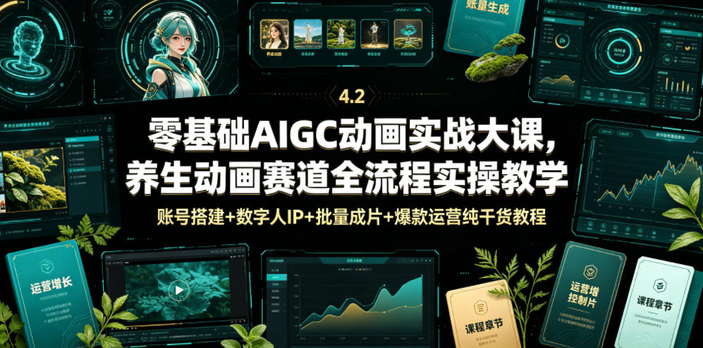 零基础AIGC动画实战大课，养生动画赛道全流程实操教学，账号搭建+数字人IP+批量成片+爆款运营纯干货教程-亿起创业网-副业兼职月入过万-自媒体、引流推广、网赚项目、短视频、技术教程等创业项目资源