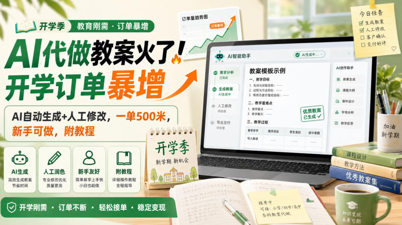 AI代做教案火了！开学订单暴增，AI自动生成+人工修改，一单500米，新手可做，附教程【揭秘】-亿起创业网-副业兼职月入过万-自媒体、引流推广、网赚项目、短视频、技术教程等创业项目资源