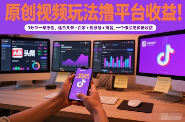 原创视频玩法撸平台收益，3分钟一条原创，适合头条+百家+视频号+抖音，一个作品吃多份收益-亿佰盟网