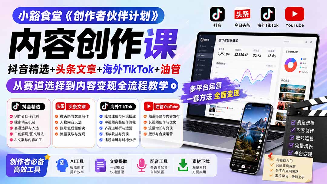 小豁食堂《创作者伙伴计划》内容创作课：抖音精选+头条文章+海外TikTok+油管，从赛道选择到内容变现全流程教学-亿起创业网-副业兼职月入过万-自媒体、引流推广、网赚项目、短视频、技术教程等创业项目资源