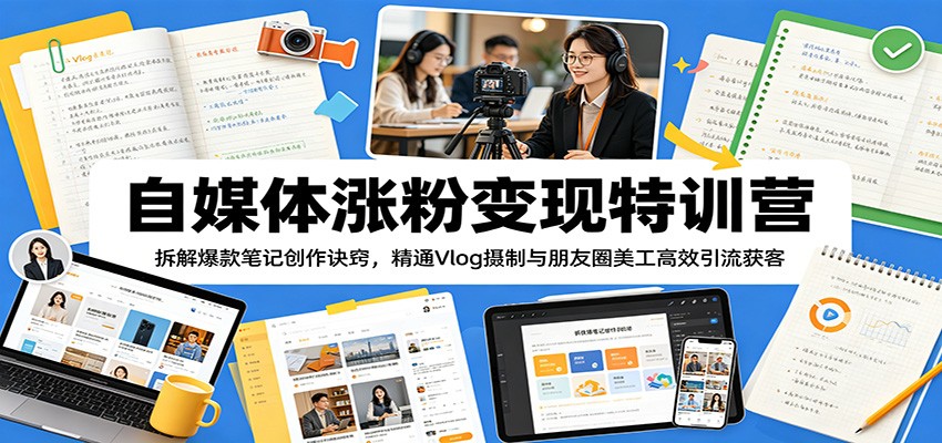 自媒体涨粉变现特训营：拆解爆款笔记创作诀窍，精通Vlog摄制与朋友圈美工高效引流获客-亿起创业网-副业兼职月入过万-自媒体、引流推广、网赚项目、短视频、技术教程等创业项目资源