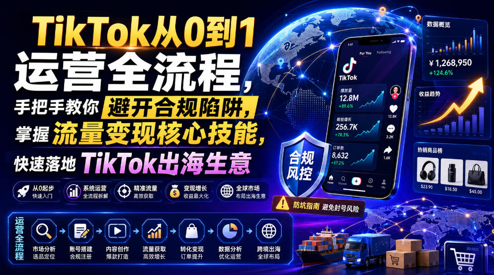 TikTok从0到1运营全流程，手把手教你避开合规陷阱，掌握流量变现核心技能，快速落地TikTok出海生意(更新7月)-亿起创业网-副业兼职月入过万-自媒体、引流推广、网赚项目、短视频、技术教程等创业项目资源