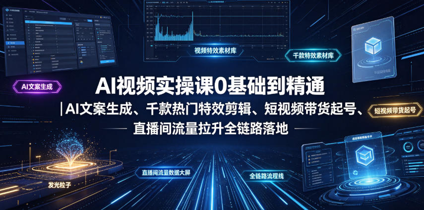 AI视频实操课0基础到精通｜AI文案生成、千款热门特效剪辑、短视频带货起号、直播间流量拉升全链路落地-亿起创业网-副业兼职月入过万-自媒体、引流推广、网赚项目、短视频、技术教程等创业项目资源