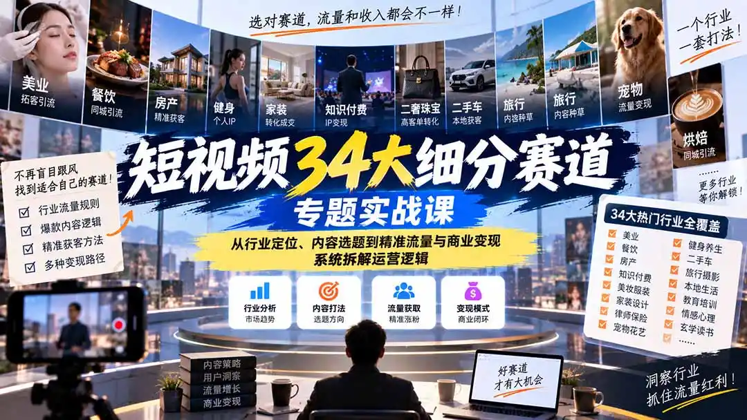短视频34大细分赛道专题实战课：从行业定位、内容选题到精准流量与商业变现，系统拆解运营逻辑-亿起创业网-副业兼职月入过万-自媒体、引流推广、网赚项目、短视频、技术教程等创业项目资源