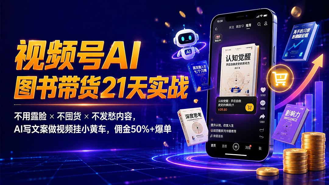 繁花视频号AI图书带货21天实战：不用露脸×不囤货×不发愁内容，AI写文案做视频挂小黄车，佣金50%+爆单-亿起创业网-副业兼职月入过万-自媒体、引流推广、网赚项目、短视频、技术教程等创业项目资源