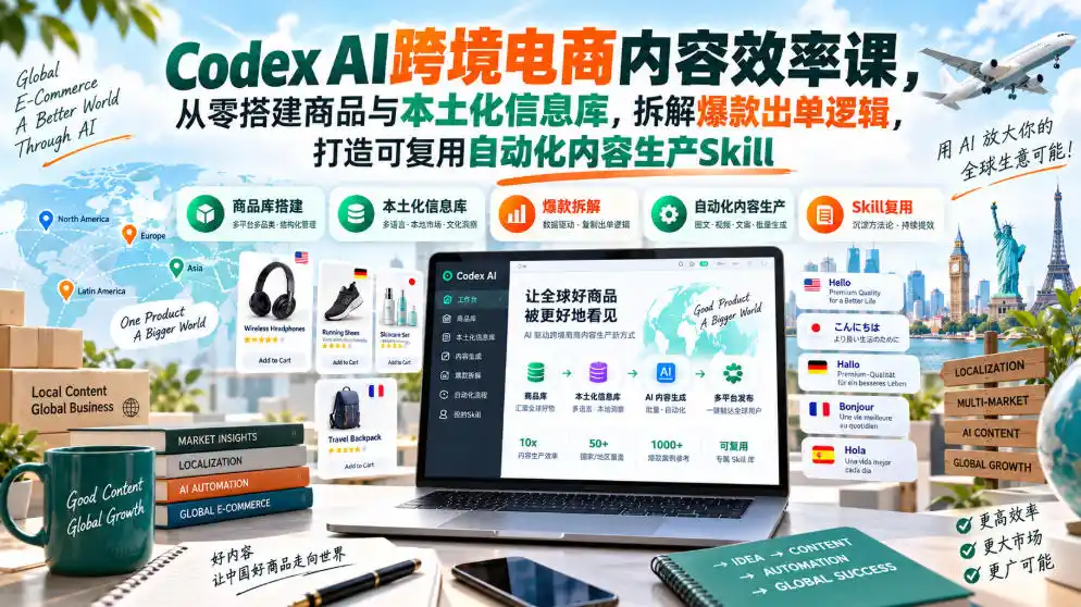 Codex AI跨境电商内容效率课，从零搭建商品与本土化信息库，拆解爆款出单逻辑，打造可复用自动化内容生产Skill-亿起创业网-副业兼职月入过万-自媒体、引流推广、网赚项目、短视频、技术教程等创业项目资源