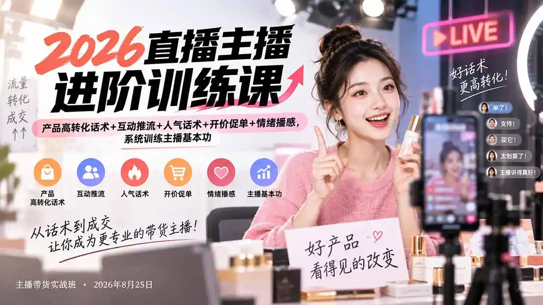 2026直播主播进阶训练课：产品高转化话术+互动推流+人气话术+开价促单+情绪播感，系统训练主播基本功-亿起创业网-副业兼职月入过万-自媒体、引流推广、网赚项目、短视频、技术教程等创业项目资源