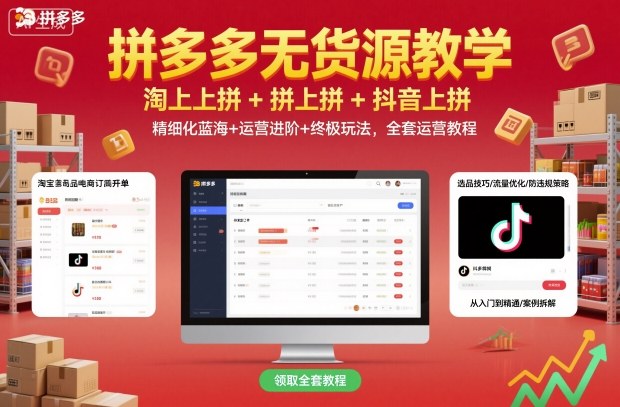 拼多多无货源教学，淘上拼+拼上拼+抖上拼，精细化蓝海+运营进阶+终极玩法，全套运营教程-亿佰盟网
