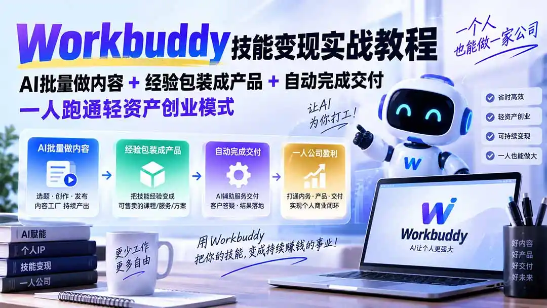 Workbuddy技能变现实战教程：AI批量做内容+经验包装成产品+自动完成交付，一人跑通轻资产创业模式-亿起创业网-副业兼职月入过万-自媒体、引流推广、网赚项目、短视频、技术教程等创业项目资源