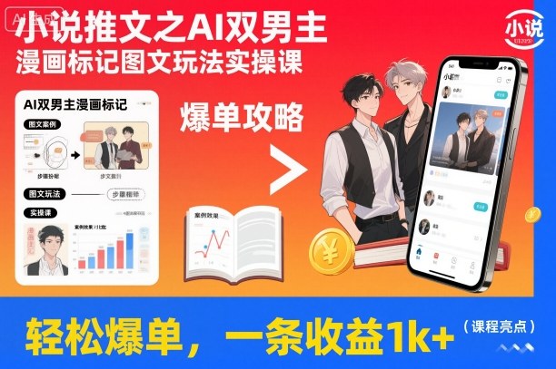 小说推文之AI双男主漫画标记图文玩法实操课，轻松爆单，一条收益1k+-亿佰盟网