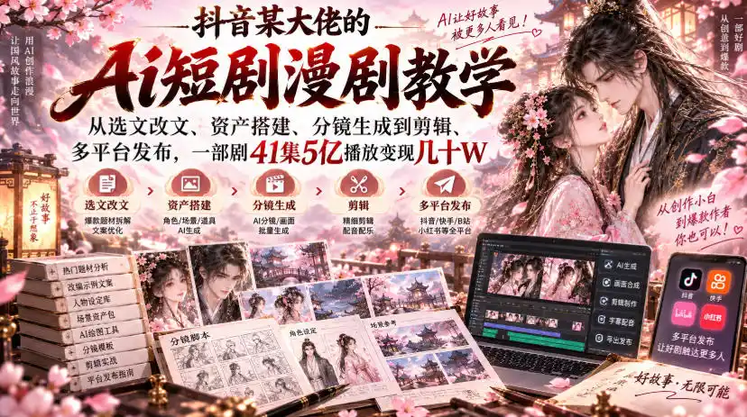抖音某大佬的Ai短剧漫剧教学，从选文改文、资产搭建、分镜生成到剪辑、多平台发布，一部剧41集5亿播放变现几十W-亿起创业网-副业兼职月入过万-自媒体、引流推广、网赚项目、短视频、技术教程等创业项目资源