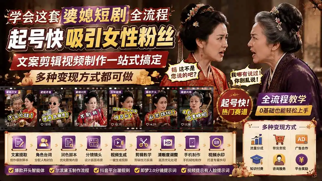 学会这套婆媳短剧全流程：起号快吸引女性粉丝，文案剪辑视频制作一站式搞定，多种变现方式都可做-亿起创业网-副业兼职月入过万-自媒体、引流推广、网赚项目、短视频、技术教程等创业项目资源