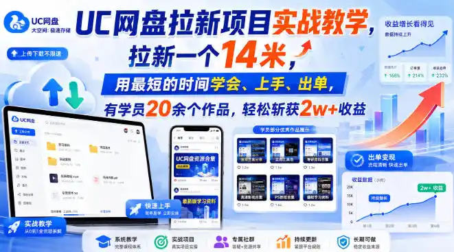 UC网盘拉新项目实战教学，拉新一个14米，用最短的时间学会、上手、出单，有学员20余个作品，轻松斩获2w+收益(更新0916)-亿起创业网-副业兼职月入过万-自媒体、引流推广、网赚项目、短视频、技术教程等创业项目资源