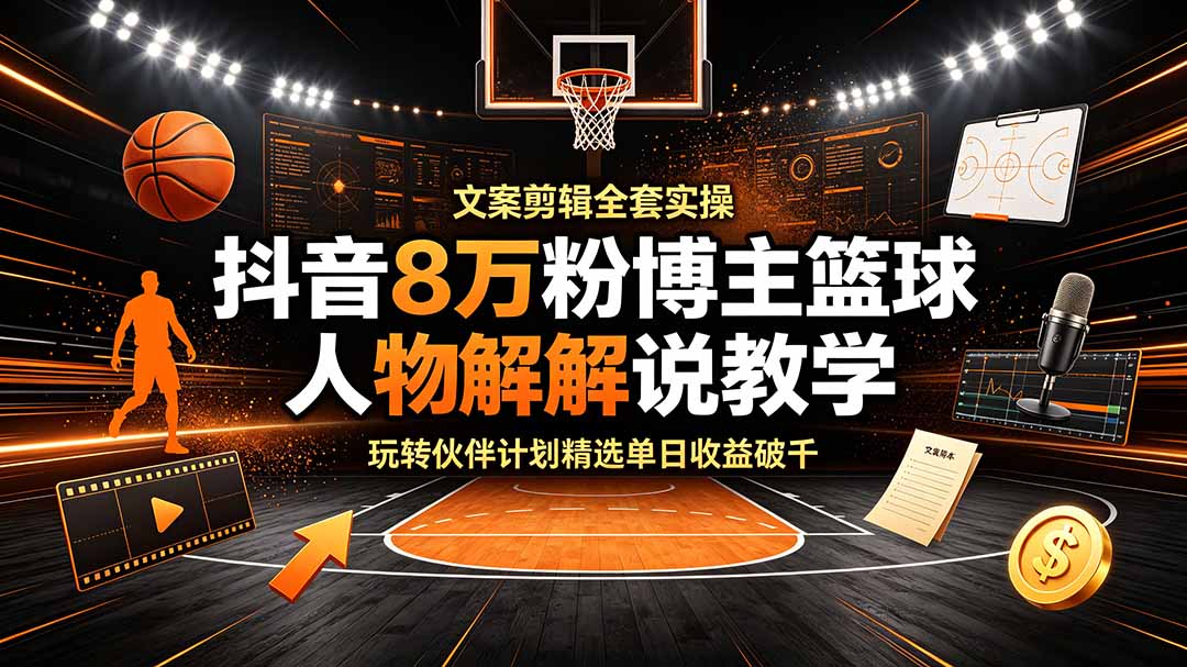 抖音8万粉博主篮球人物解说教学，文案剪辑全套实操，玩转伙伴计划精选单日收益破千-亿起创业网-副业兼职月入过万-自媒体、引流推广、网赚项目、短视频、技术教程等创业项目资源